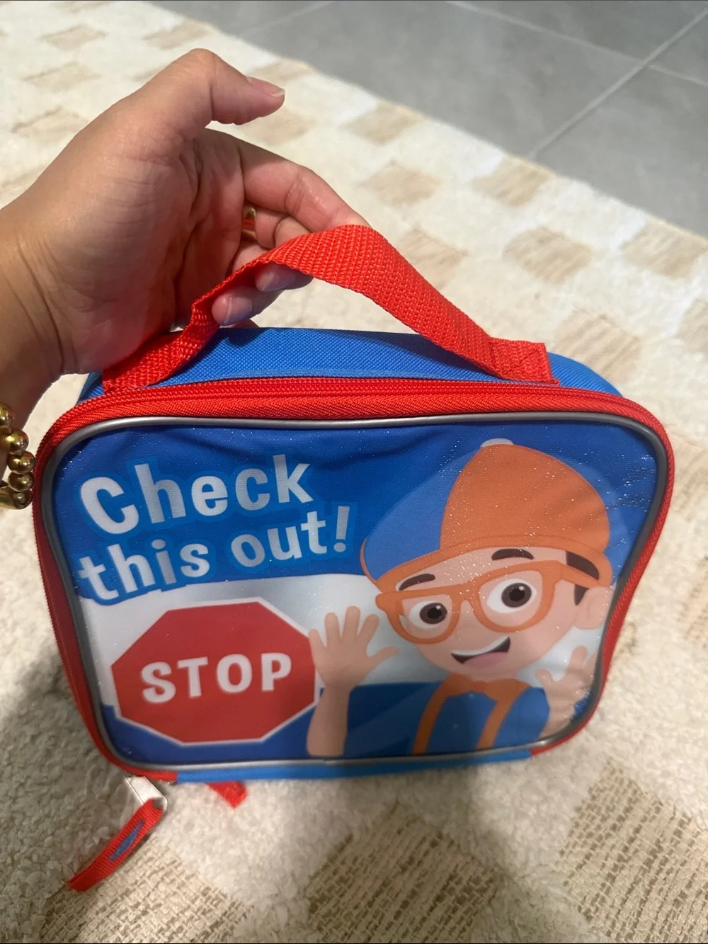 Kids Blue and Orange Character Lunch Bag with 'Check This Out' Graphic